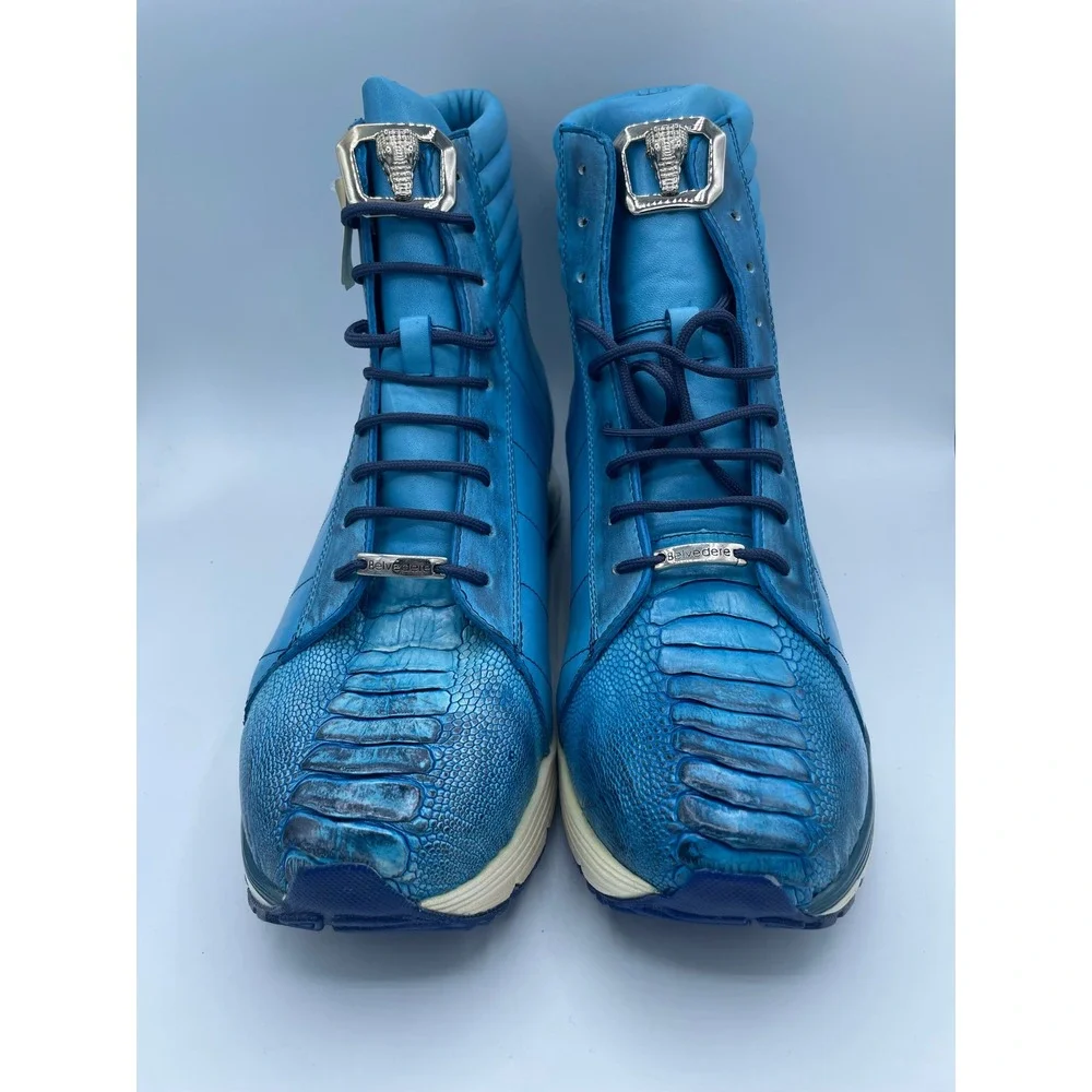 Belvedere Toro Mens 13 Antique Ocean Blue Ostrich Leather High Top Sneakers E15